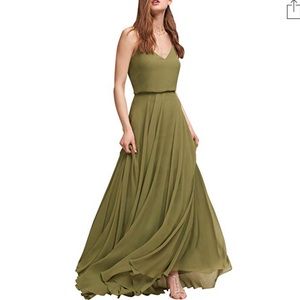 V-neck chiffon olive green dress